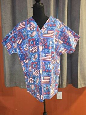 Jasco Uniform Patriotic American Flag Hearts V Neck Scrub Top